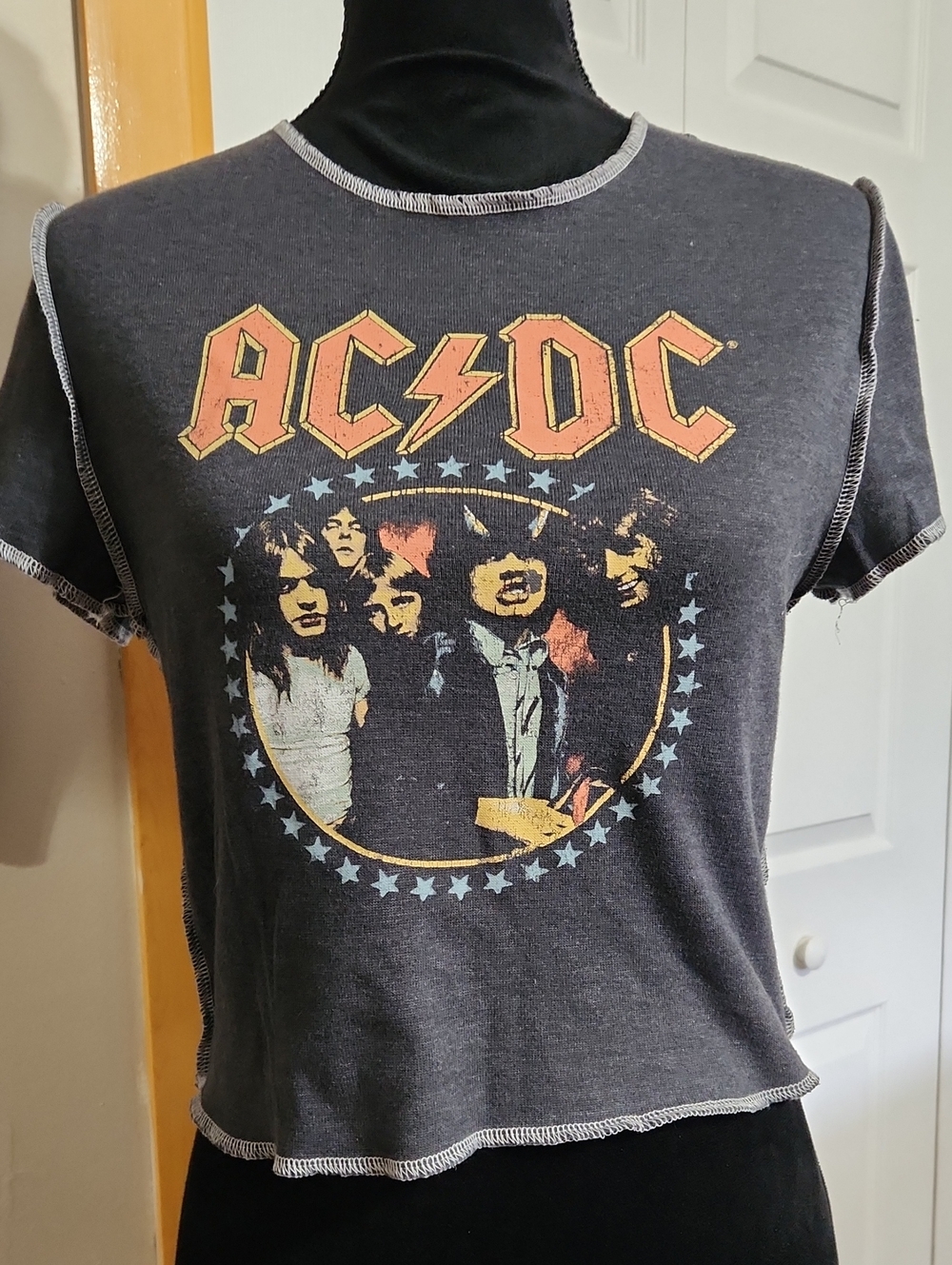 AC/DC Dark Gray Cropped "inside out" Band Tee with Faded Yellow-Orange Logo